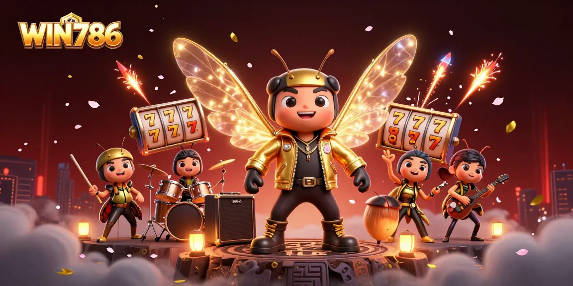 WIN786 presents a colorful casino scene with a music theme, featuring slot reels and dynamic characters.