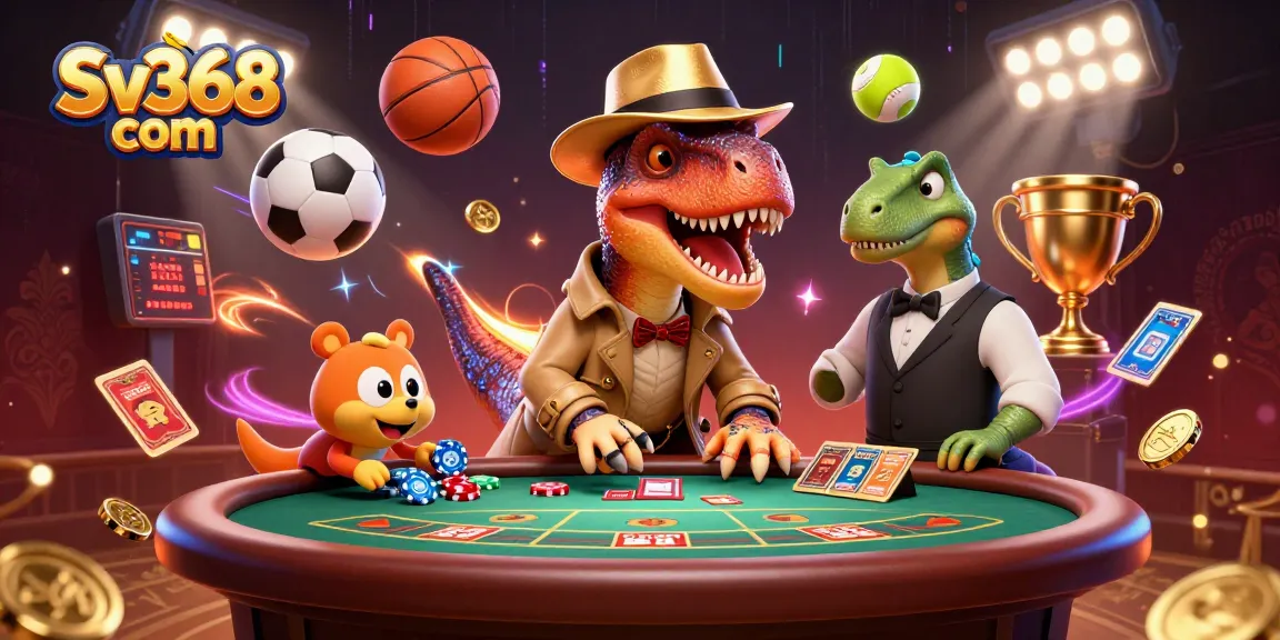 Engage in thrilling gambling action at Sv368 com with a cartoon velociraptor and stegosaurus in a captivating casino scene.