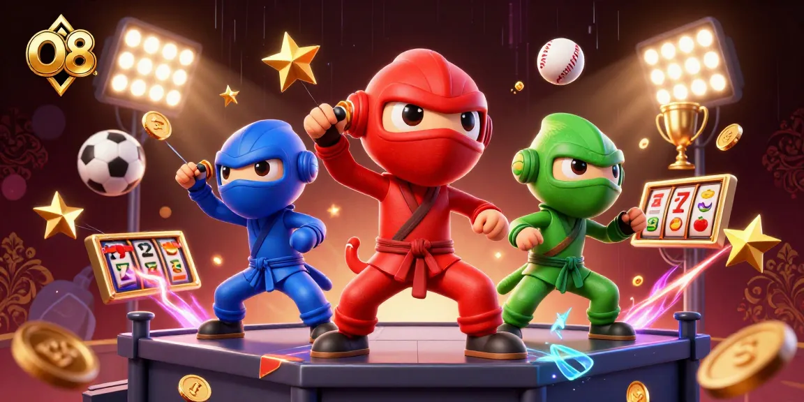 Engage with O8's exciting casino scene featuring ninja chameleons amidst casino elements.