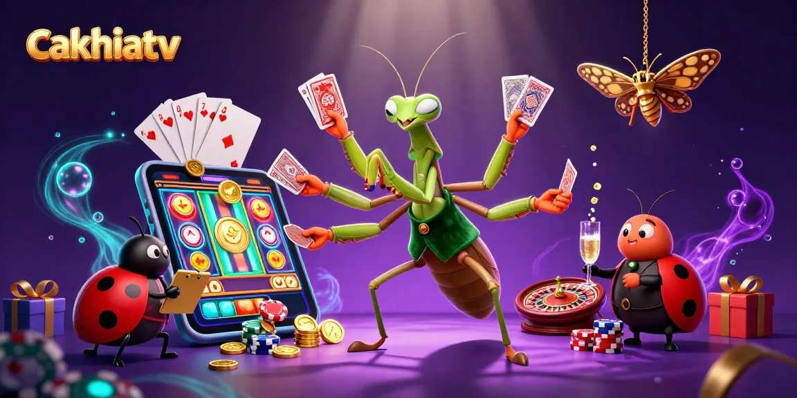 Cakhiatv showcases an exciting 3D scene of a mantis card sharp dealing cards and chips in vibrant casino atmosphere.