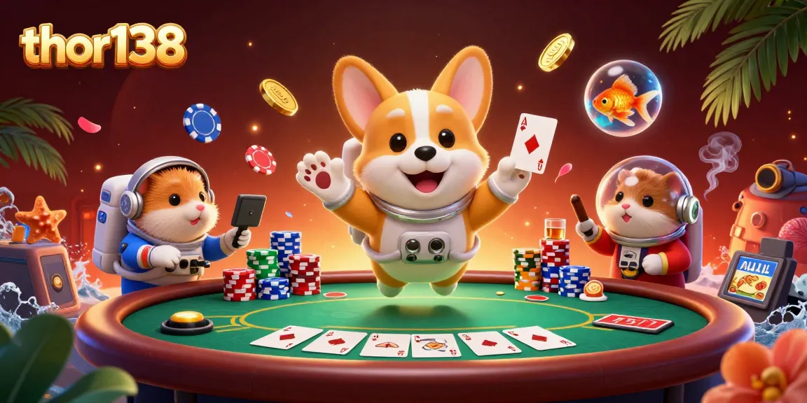 Menghadirkan pengalaman hebat bermain thor138 di casino luar angkasa, dengan corgi astronaut dan elemen game yang ceria.