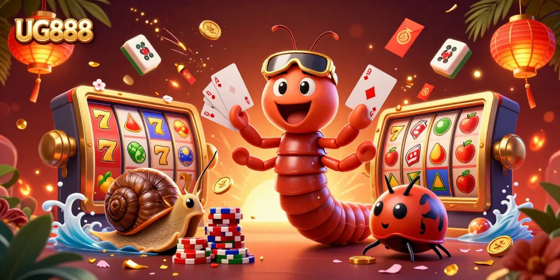 Experience the excitement of UG888 with a vibrant casino scene featuring unique characters and slot elements.