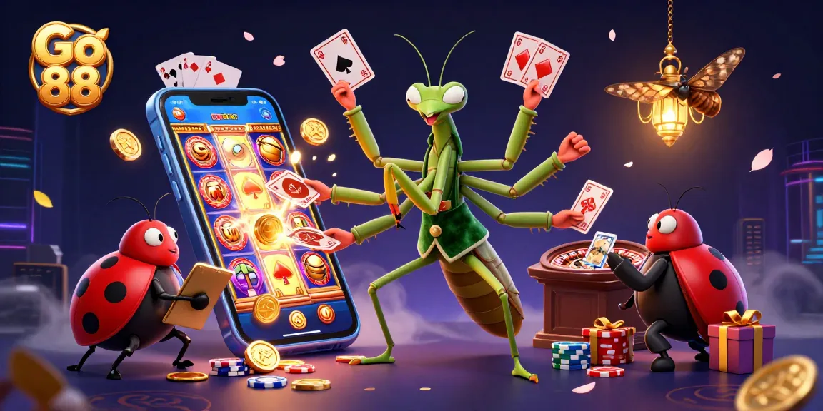 Experience excitement at Go 88 with a vibrant casino scene showcasing games, characters, and dynamic elements