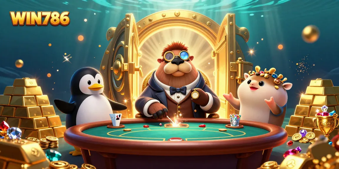 Experience the excitement of WIN786 with a jolly walrus and friends at an underwater poker table.