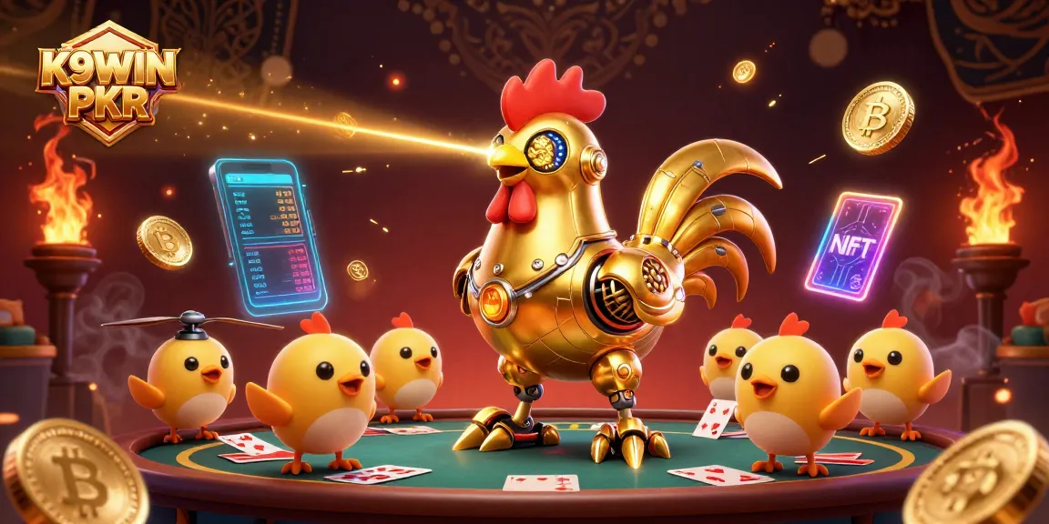 K9WIN PKR enhances the gaming experience with dynamic poker tables, retro-futuristic characters, and vibrant digital elements.