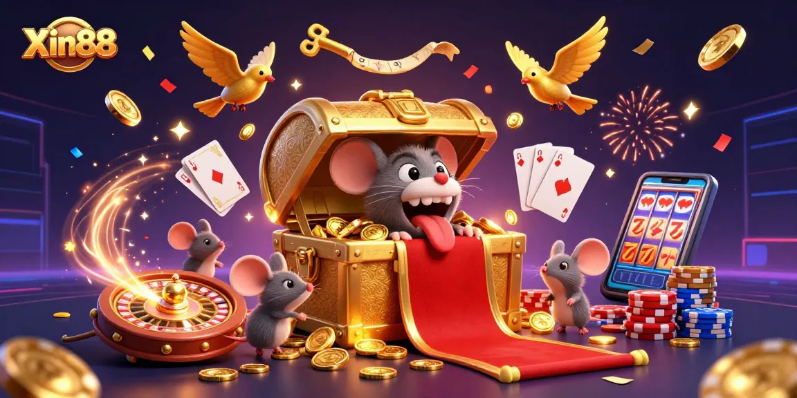 Experience the thrilling games at Xin88 with golden treasures, vibrant casino elements, and lucky symbols.