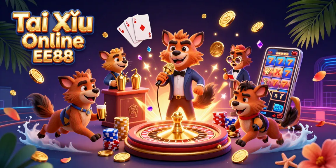 Experience the excitement of Tài Xỉu Online EE88 with hyenas in a vibrant casino scene promoting fun and engagement.