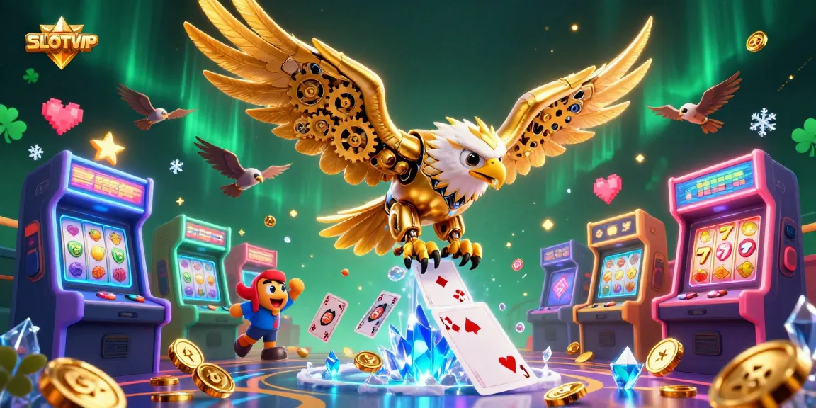 SLOTVIP showcases an epic scene of a cybernetic eagle diving through holographic cards, highlighting vibrant slot game elements.