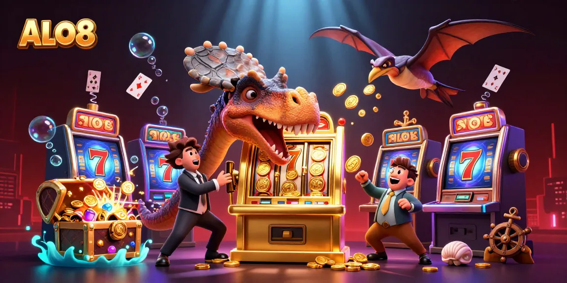 Watch ALO8's pachycephalosaurus jackpot scene as coins fly from a golden slot machine!