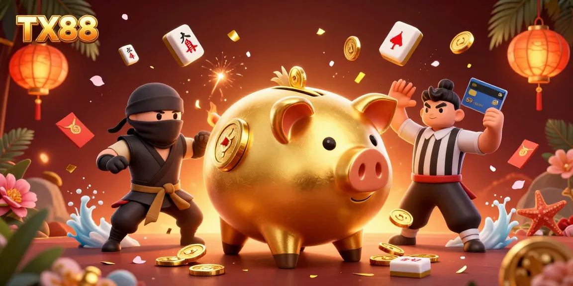 Join the excitement of TX88 as golden coins fall from a golden piggy bank sumo wrestler amidst a vibrant casino scene.