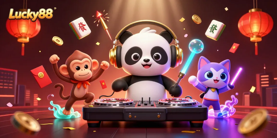 Experience the thrill of Lucky88 with a DJ panda and dancing characters in a vibrant casino scene.