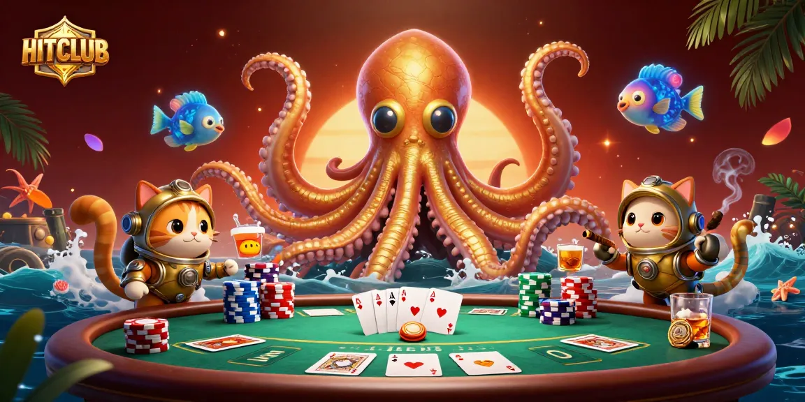 Experience HITCLUB's thrilling gaming adventure with vibrant casino characters and poker elements.
