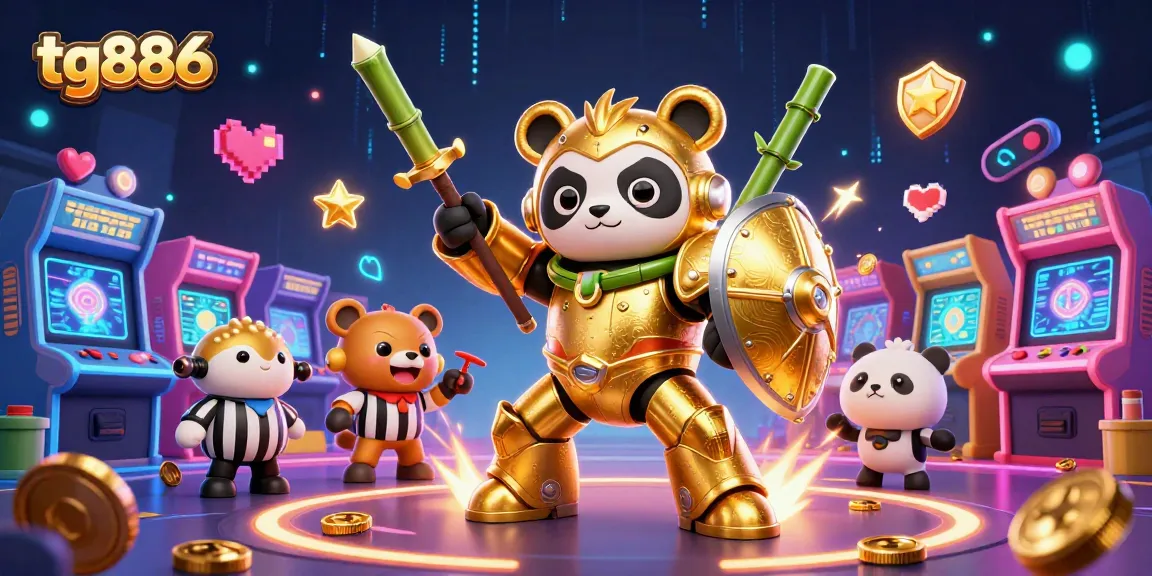 Engage in thrilling gaming action with tg886 featuring a mech-suit panda navigating an arcade casino arena.