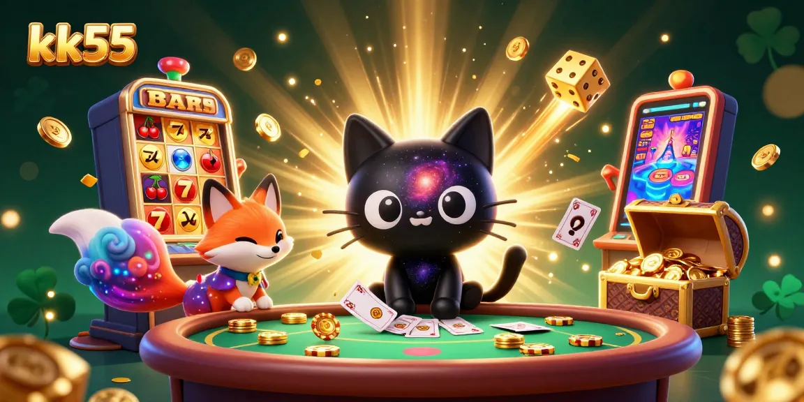 kk55 interactive casino scene featuring a black hole cat and colorful gas fox amidst slot machine excitement.