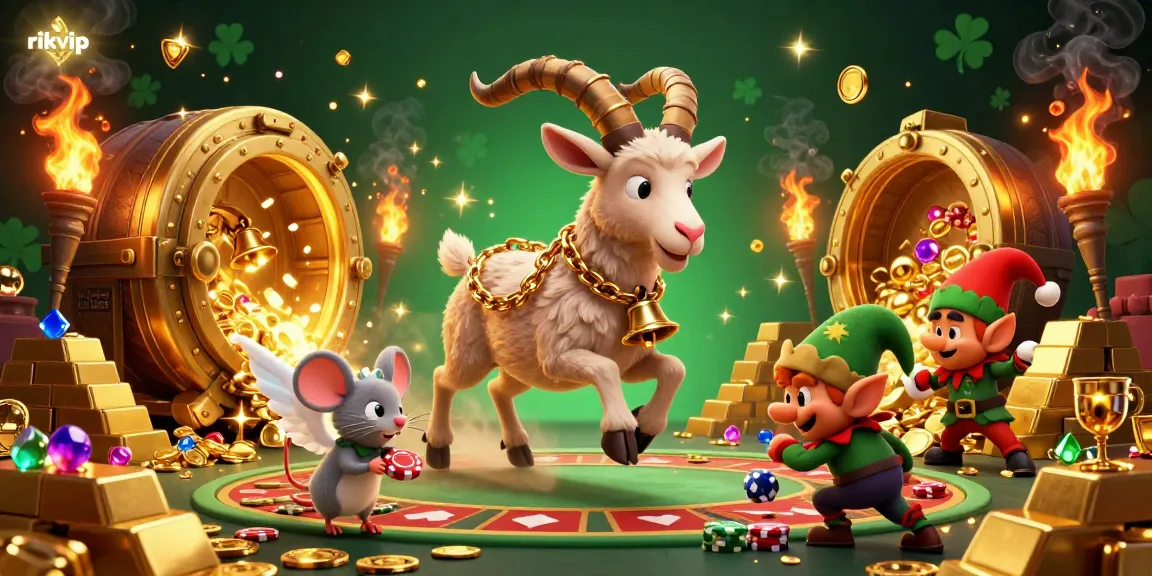 Experience the excitement of rikvip with playful characters and dazzling treasures in an immersive casino scene.