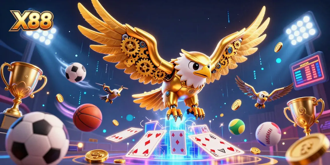 X88 illuminates a thrilling casino scene with golden eagle, flying playing cards, and sports betting elements.