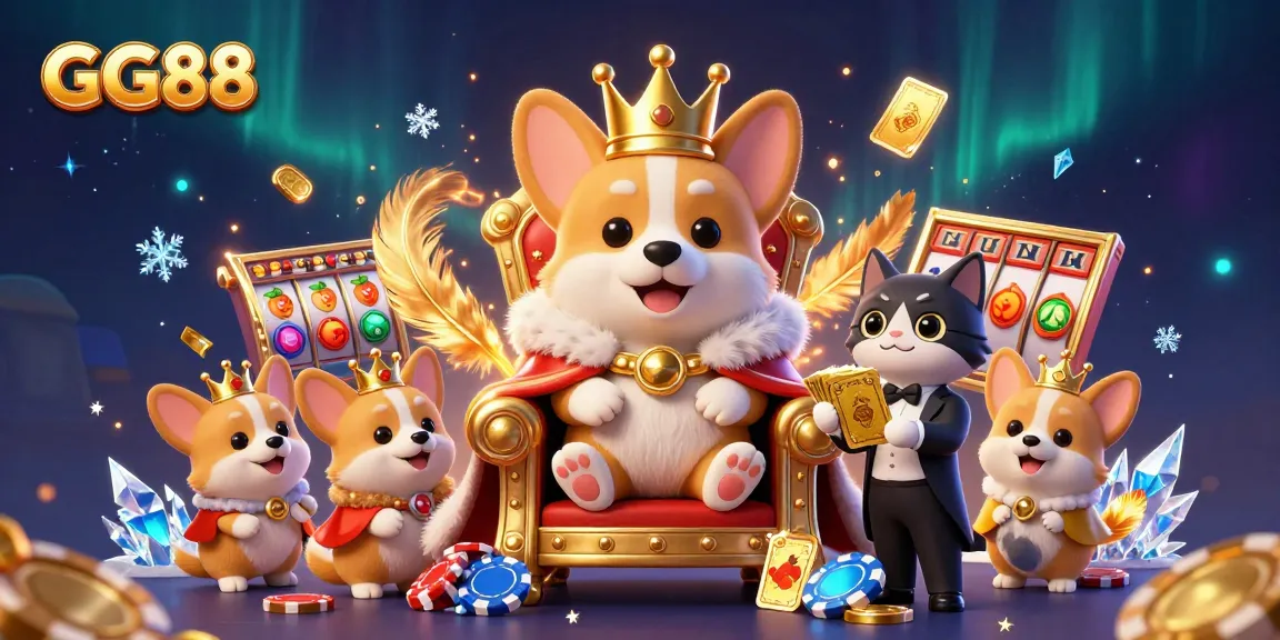 Experience the excitement of GG88 with a thrilling casino scene featuring royal corgis and cards.