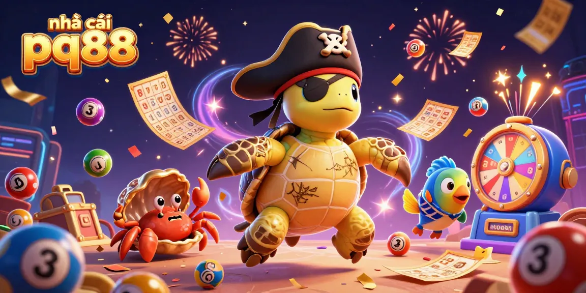 nhà cái pq88 showcases a vibrant 3D casino scene with a pirate turtle and treasure elements