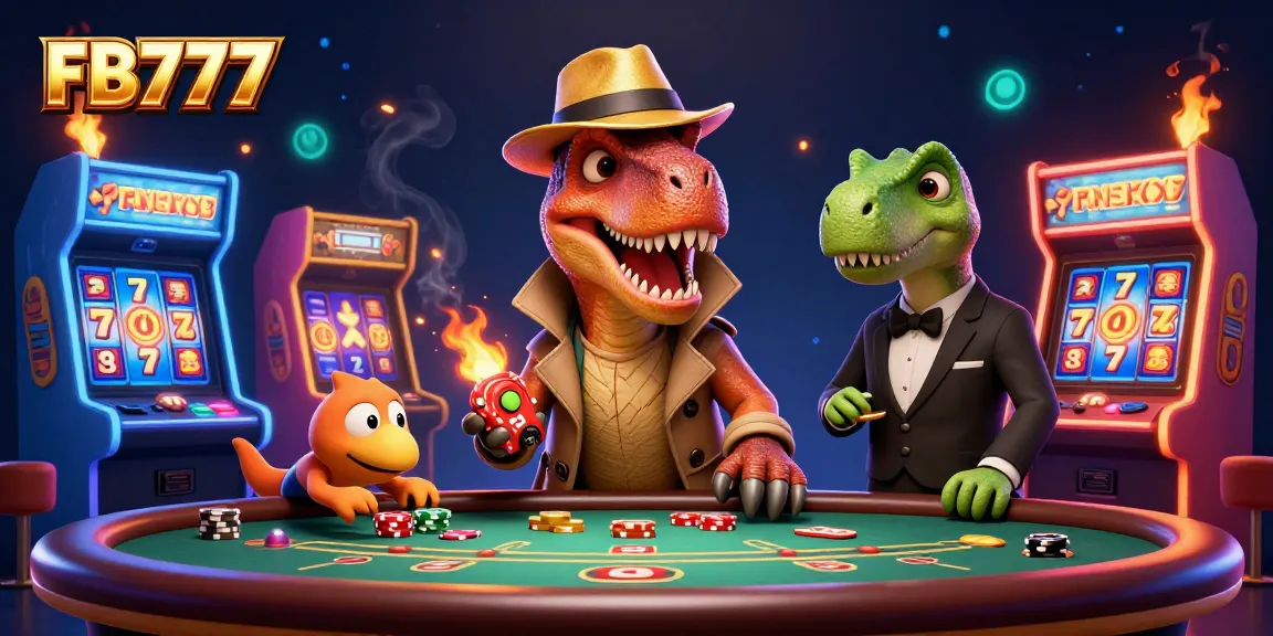 Experience thrilling gameplay at FB777 with a cartoon velociraptor card counter in a lively casino scene.