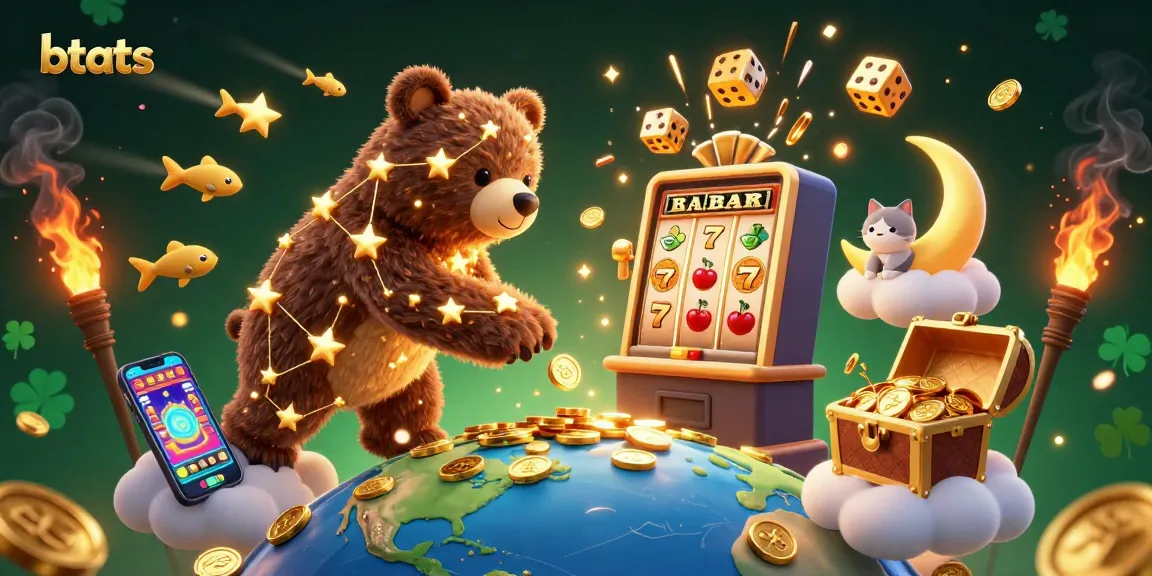 Scoop up casino coins in BTATS as shooting star fish and a crescent moon cat grace a vibrant gaming scene.