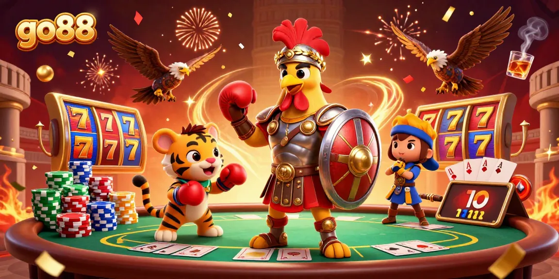 Experience dynamic gaming action at go88 with vibrant slot reels, poker elements, and engaging characters.