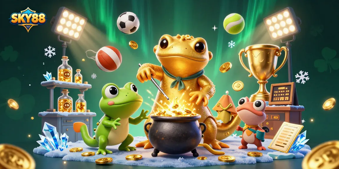 Win big with SKY88 at this vibrant casino alchemy scene filled with gold and sports excitement.