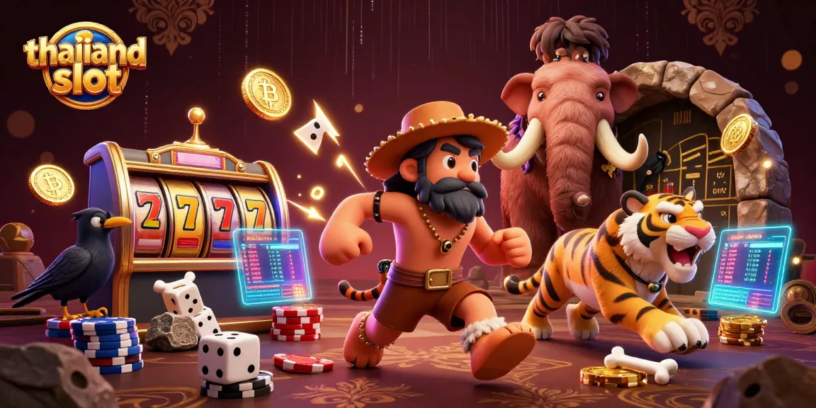 Spin lucky reels and win at thailand slot with a vibrant prehistoric casino scene featuring lively characters.