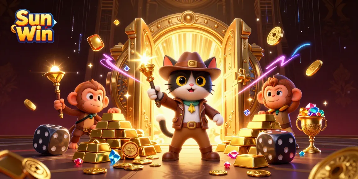 Experience thrilling treasures at Sun Win with animated characters exploring a vibrant casino.