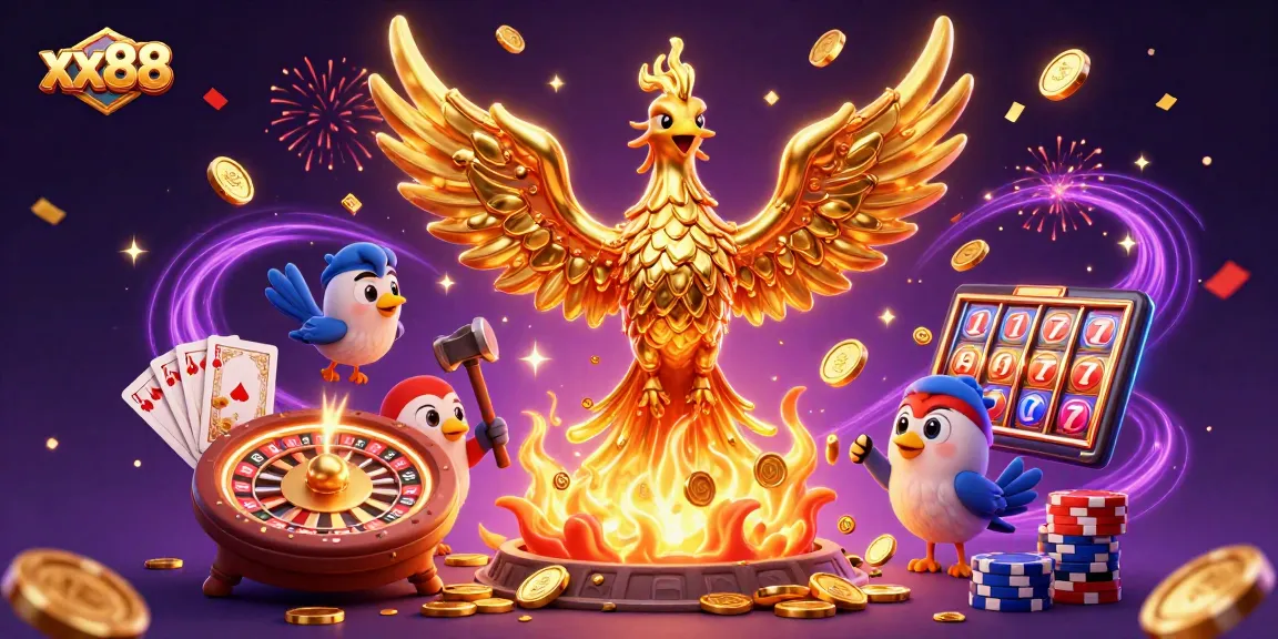 Engage with xx88 casino through a vibrant golden phoenix scene, showcasing dynamic gaming elements and rewards.