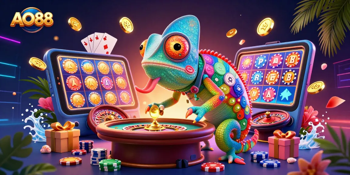 Experience the thrill of AO88 with vibrant visuals from a lively chameleon casino owner in action.