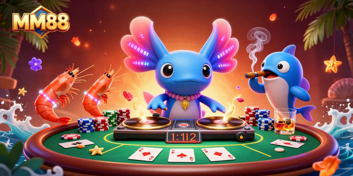 Experience the thrilling world of MM88 with vibrant casino action featuring an axolotl DJ.
