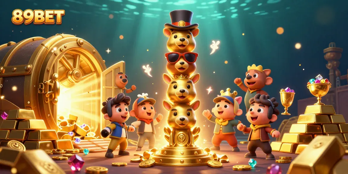 Engage with excitement at 89BET, featuring a vibrant 3D casino-themed illustration with golden treasures.
