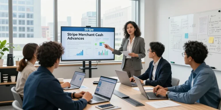 Collaborative business meeting discussing Stripe merchant cash advances in a modern office.