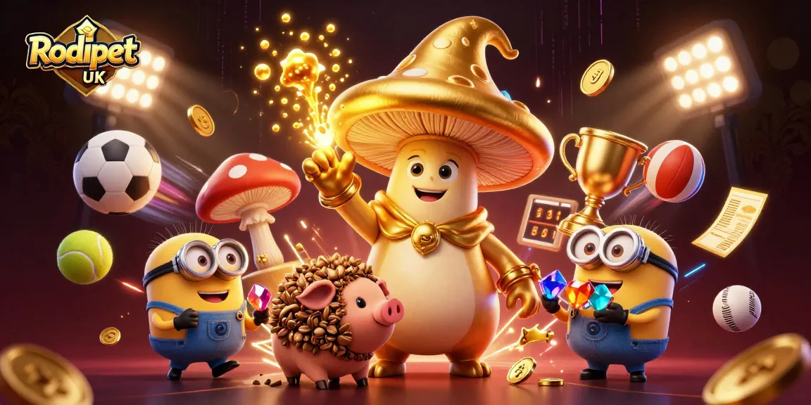 Engage with Rodipet UK’s dynamic sports betting scene, featuring a magical wizard, treasure pig, and vibrant sports elements.