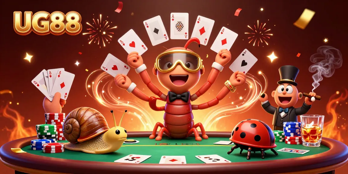 UG88 showcases a vibrant casino scene with a cartoon dealer and high-roller, surrounded by festive gaming elements.