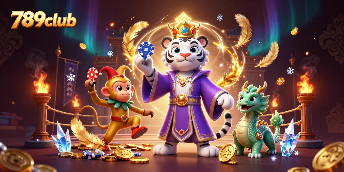 Experience exciting gameplay at 789club with a vibrant 3D casino illustration featuring a majestic white tiger and animated characters.