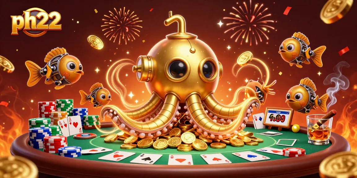 Experience exciting casino action with the golden kraken at PH22, surrounded by poker elements and rich treasures.