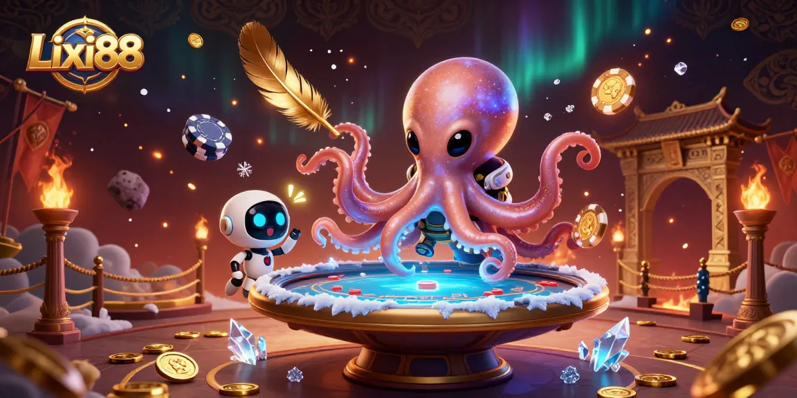 Lixi88 octopus dealer at a vibrant online casino with holographic poker elements.