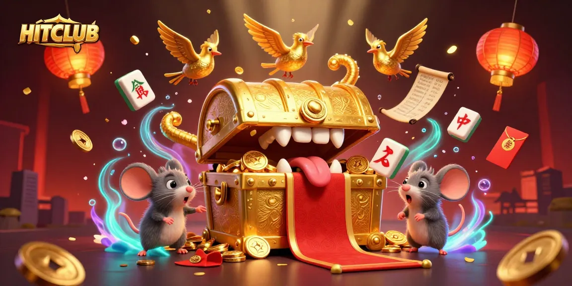 Spin and win with HITCLUB in this vibrant 3D gambling-themed illustration featuring a golden treasure chest and exciting game elements.