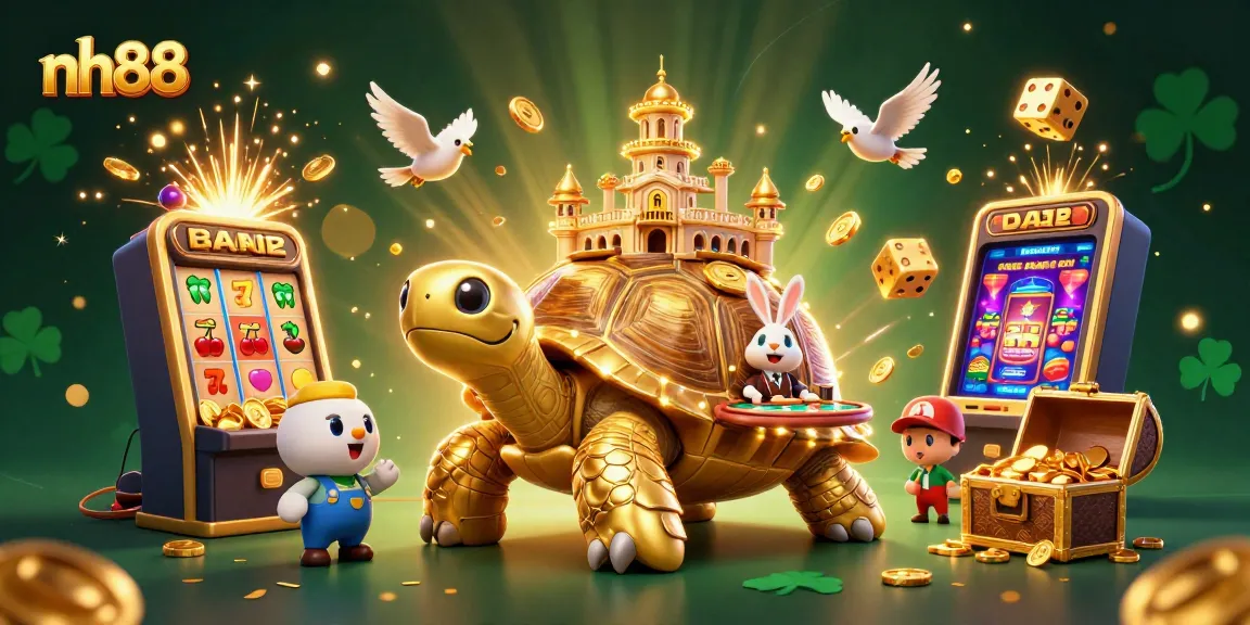 Engage in thrilling games at nh88 with a vibrant scene of a golden tortoise casino and dynamic dealers.