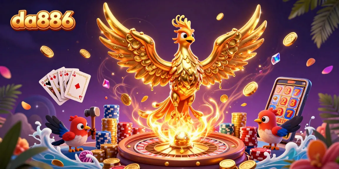 Engage in da886’s thrilling casino experience with a dynamic scene of a molten phoenix and vibrant casino elements.