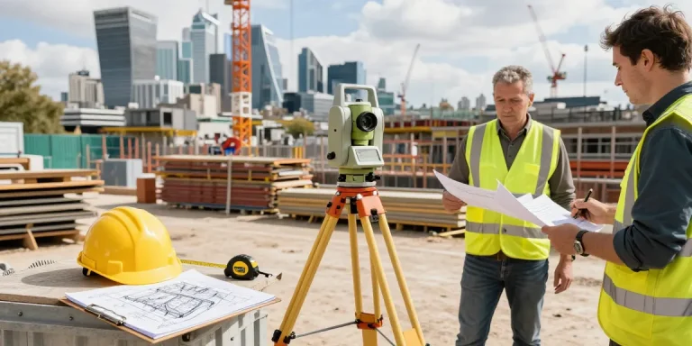 Land surveyors London accurately surveying a construction site in urban setting with modern equipment.