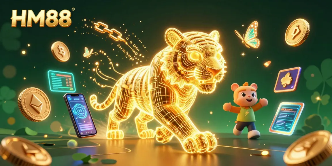 Experience the excitement of HM88 with a vibrant casino scene featuring a golden tiger and crypto elements.