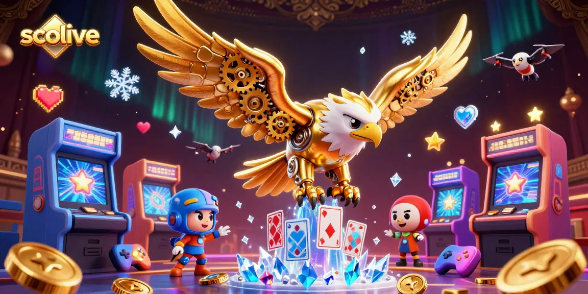 Socolive sports betting with a golden eagle diving through holographic cards amidst flashy gaming machines