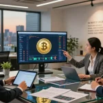 Professionals explaining how to buy BRICS coins in a modern office setup with investment charts and monitors.