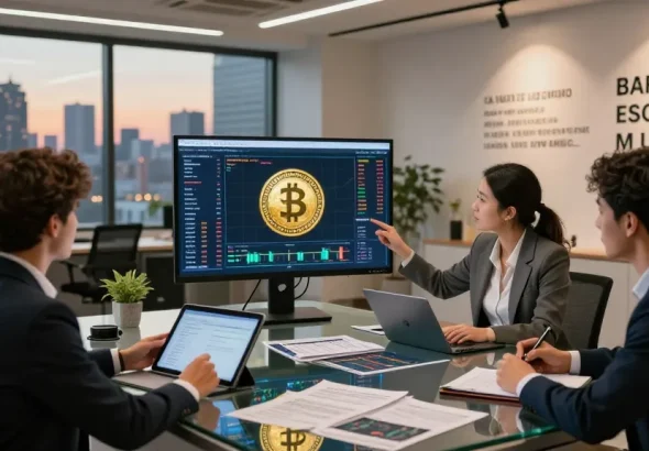 Professionals explaining how to buy BRICS coins in a modern office setup with investment charts and monitors.
