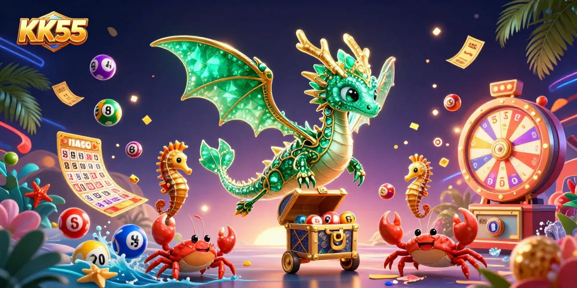 Engage with KK55's thrilling slots scene featuring a treasure-laden sea dragon and vibrant gambling elements.