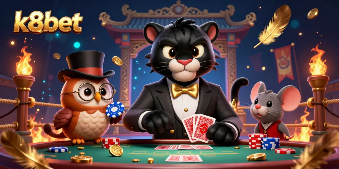 Engage in thrilling poker with k8bet's suave panther dealer, charming owl, and lucky mouse.