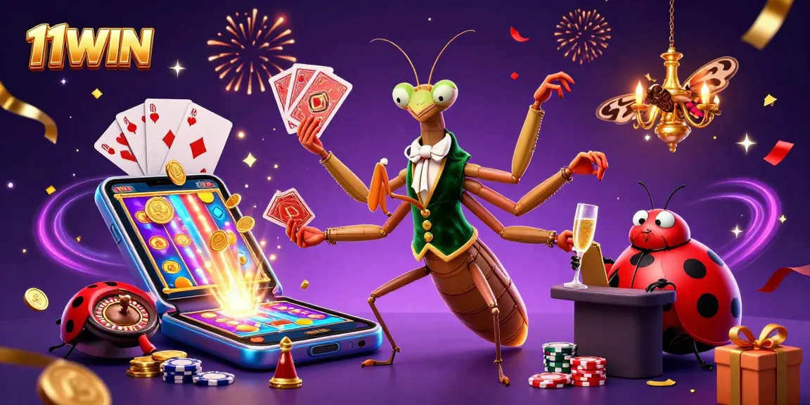 Join the 11WIN gambling fun with this lively 3D illustration featuring casino characters and games.