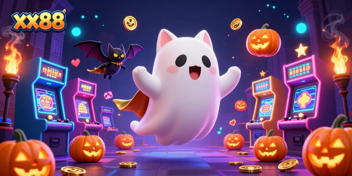 Experience the magic of gaming at xx88, featuring a ghostly cat and bat in a vibrant casino.